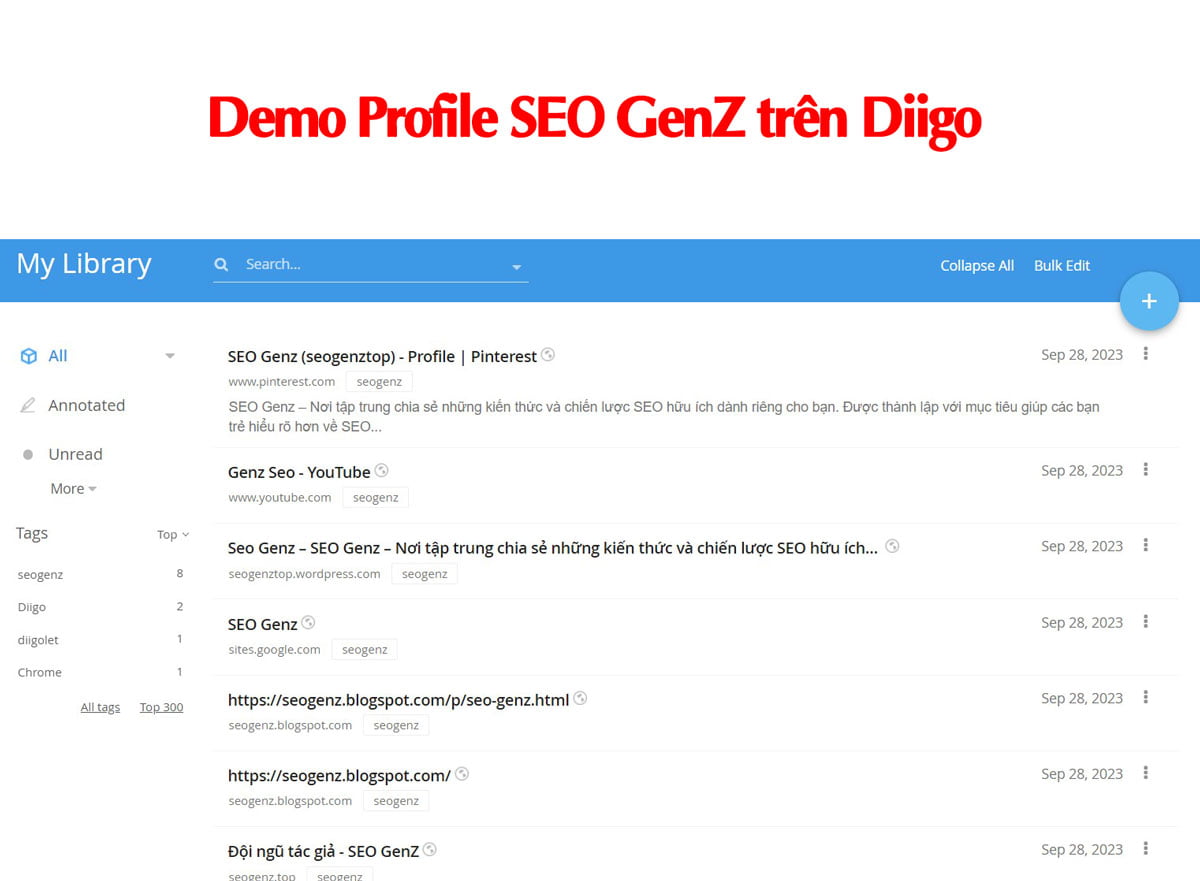 Demo Profile SEO GenZ trên Diigo