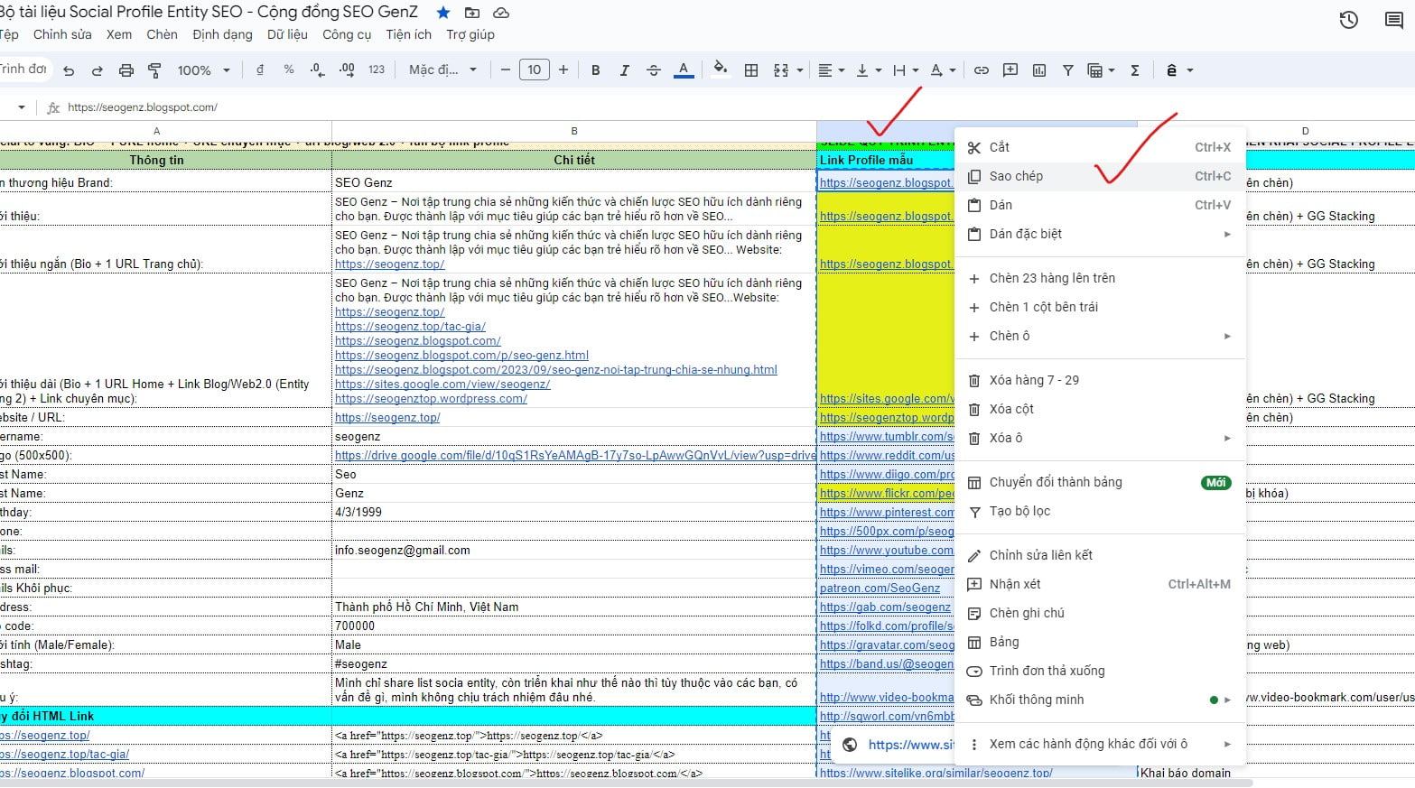 Copy URL Profile từ Sheet dễ dính bảng