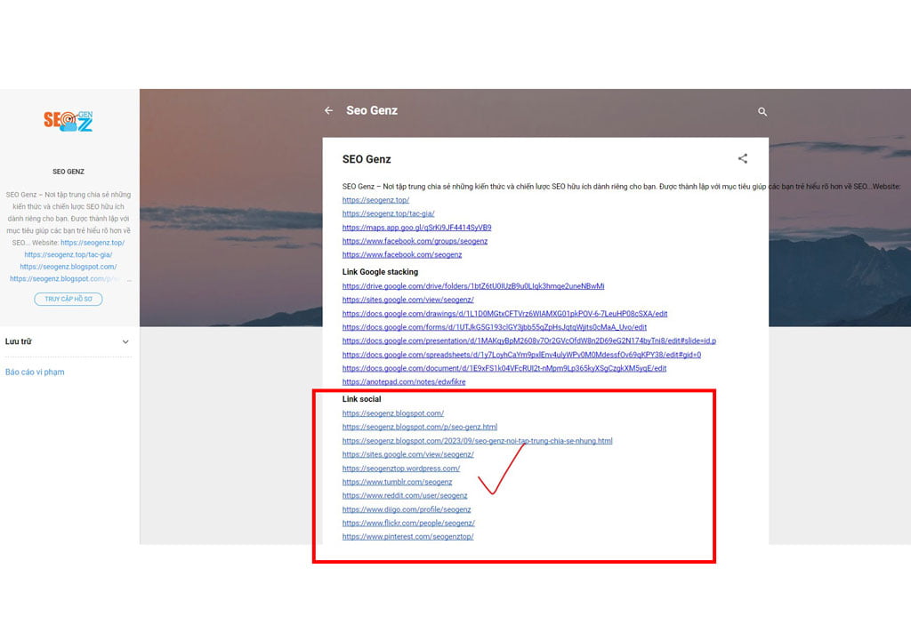 Dán list social profile SEO đã tạo vào bài viết hoặc page Blogger