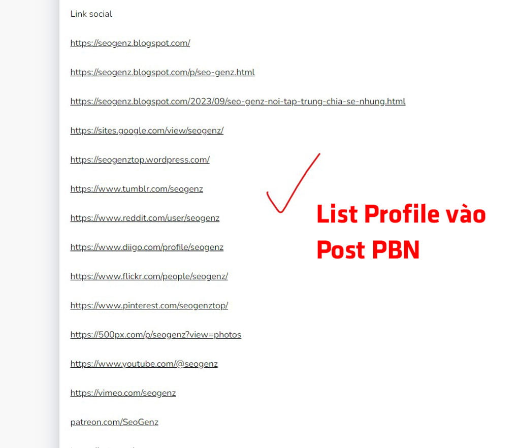 Dán list social profile SEO vào bài viết