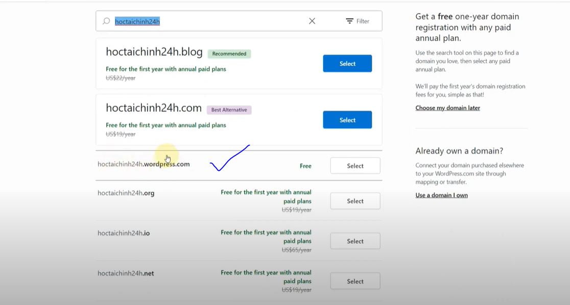 Chọn tên miền tài khoản WordPress.com