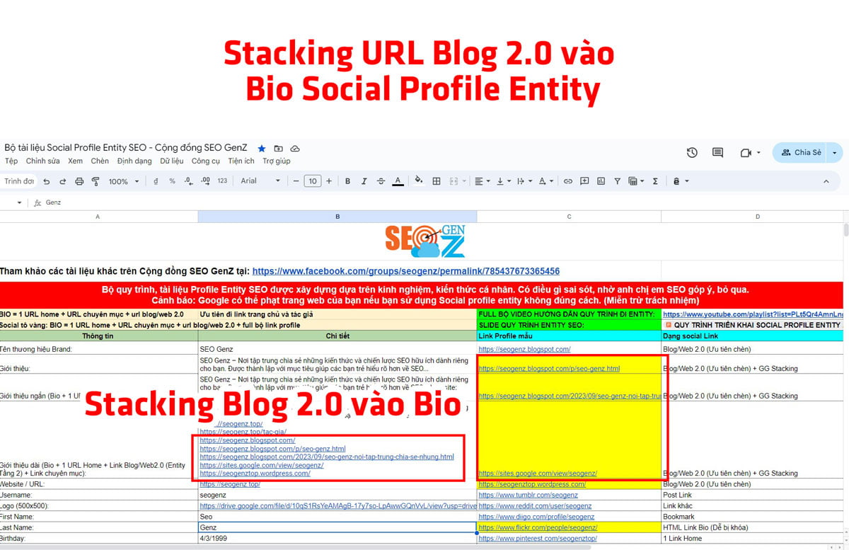 Stacking URL Blog 2.0 vào Bio Social Profile Entity