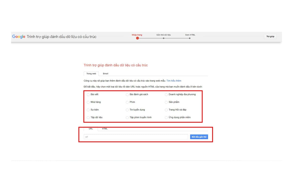 Nhập URL trang web và chọn loại dữ liệu