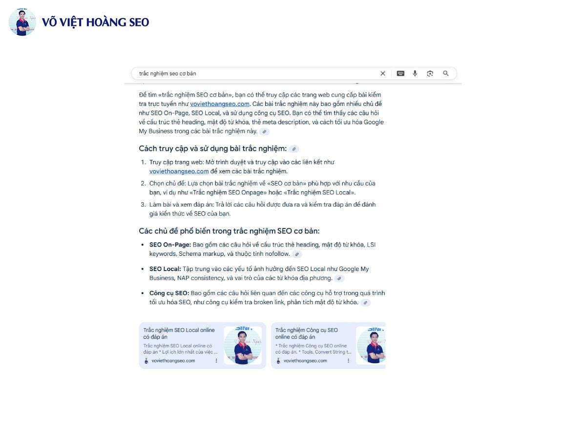 AI Overview Google đề cập đến trang trắc nghiệm SEO Marketing của Võ Việt Hoàng SEO trên Search