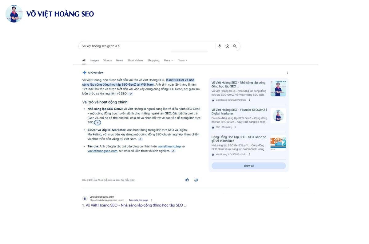 AI Overview trả lời nhanh khi search Võ Việt Hoàng SEO GenZ là ai trên Google Search