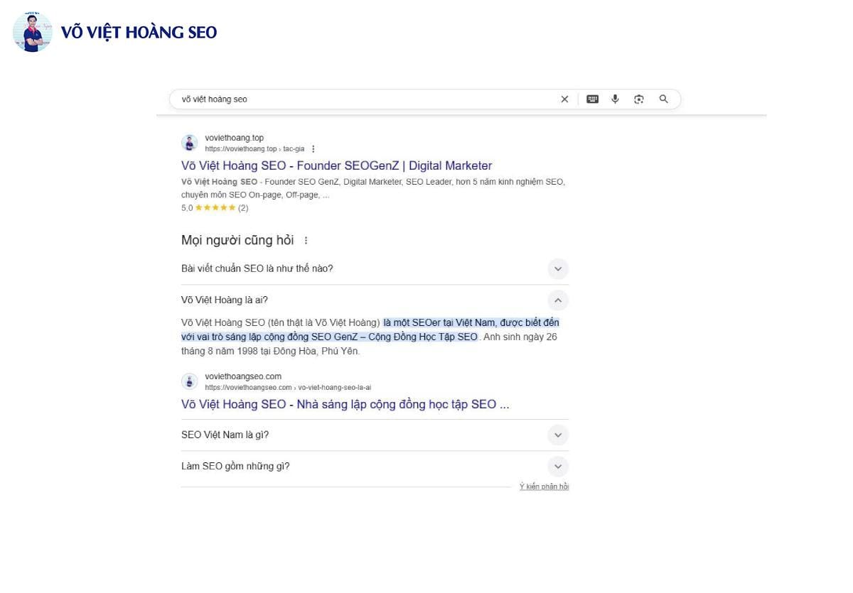 Võ Việt Hoàng trên Google Search và People Ask Also
