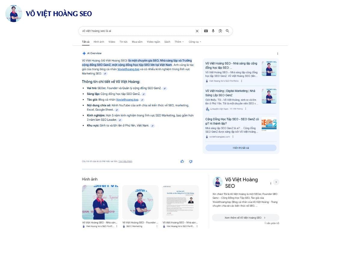 AI Overview trả lời nhanh khi search Võ Việt Hoàng SEO là ai và Knowledge Panel Võ Việt Hoàng SEO